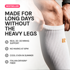 Man resting with white knee high compression socks, bestseller graphic for long days without heavy legs