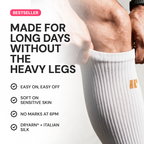 Person wearing white Aura light compression socks, bestseller graphic for long days without heavy legs