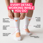 Woman standing in white WeSocks V2 compression socks, 20-30 mmHg true graduated compression graphic