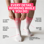 Hands pulling on a pink gradient FlowLine sock, with callouts for the soft cuff that holds without digging and the cushioned heel and forefoot