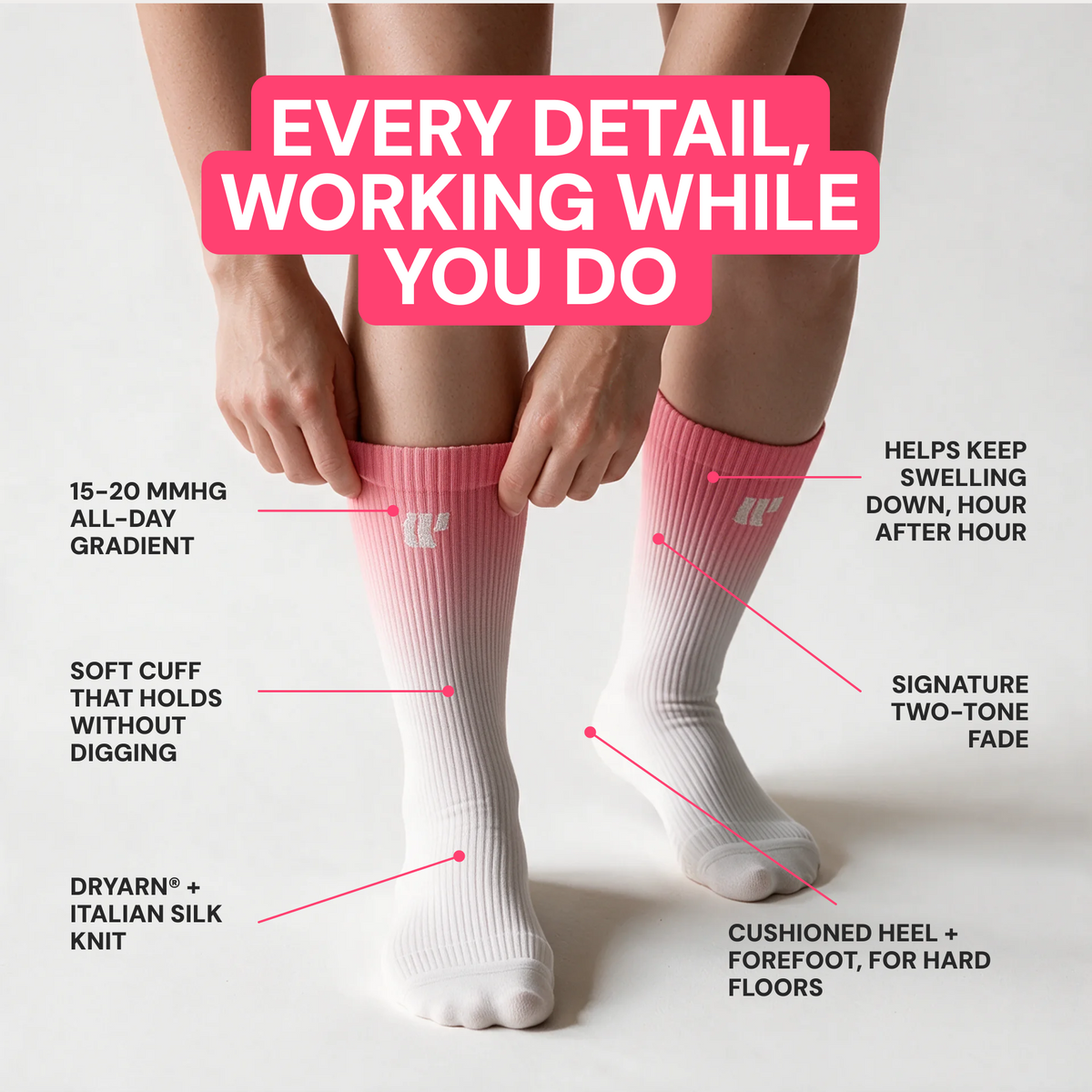Hands pulling on a pink gradient FlowLine sock, with callouts for the soft cuff that holds without digging and the cushioned heel and forefoot