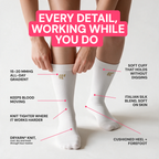Close up of white Aura compression socks with callouts: 15-20 mmHg gradient, keeps blood moving, soft cuff, cushioned heel and forefoot