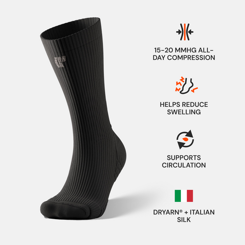 Black Aura compression sock with callouts: 15-20 mmHg all-day compression, helps reduce swelling, supports circulation, Dryarn and Italian silk