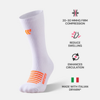 WeSocks V2 white compression sock with callouts: 20-30 mmHg firm compression, reduces swelling, enhances circulation, Italian Dryarn
