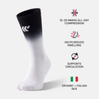 FlowLine black compression sock with callouts: 15-20 mmHg all-day compression, reduces swelling, supports circulation, Dryarn and Italian silk