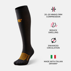 Black knee high compression sock with callouts: 20-30 mmHg firm compression, reduce swelling, enhances circulation, Italian Dryarn
