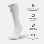 White Aura compression sock with callouts: 15-20 mmHg all-day compression, helps reduce swelling, supports circulation, Dryarn and Italian silk