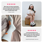 Five star reviews from a nurse and a physiotherapist with photos of white Aura compression socks